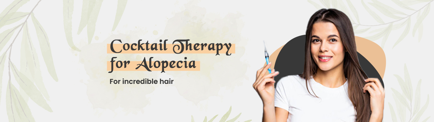The girl holds the hair and shows the injection. She is advertising the Cocktail Therapy 